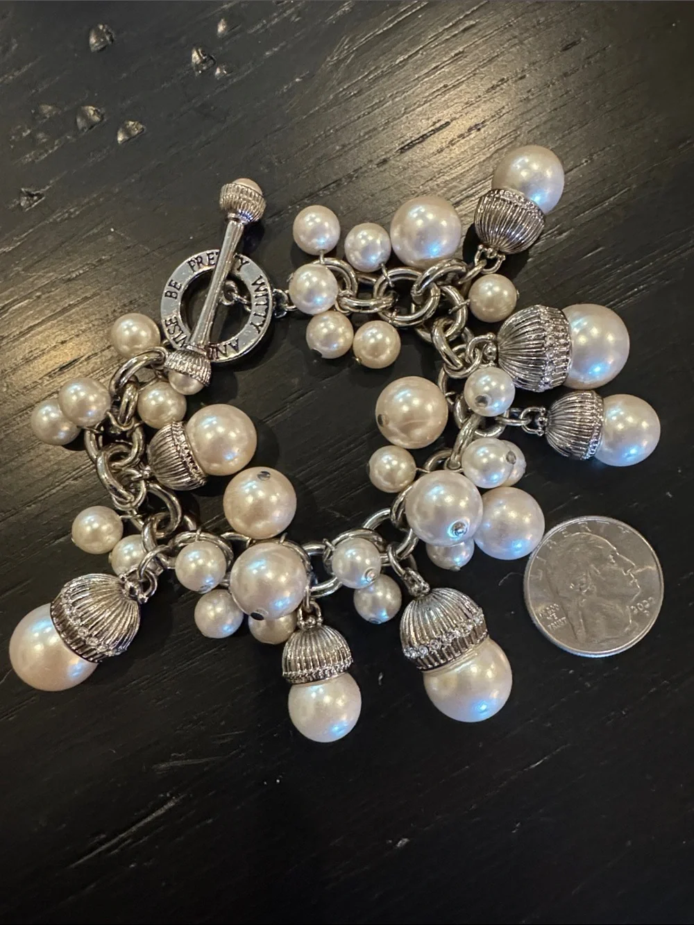 Rare Brighton “My Flat in London” SilverTone Chunky Pearl Charm Bracelet Retired